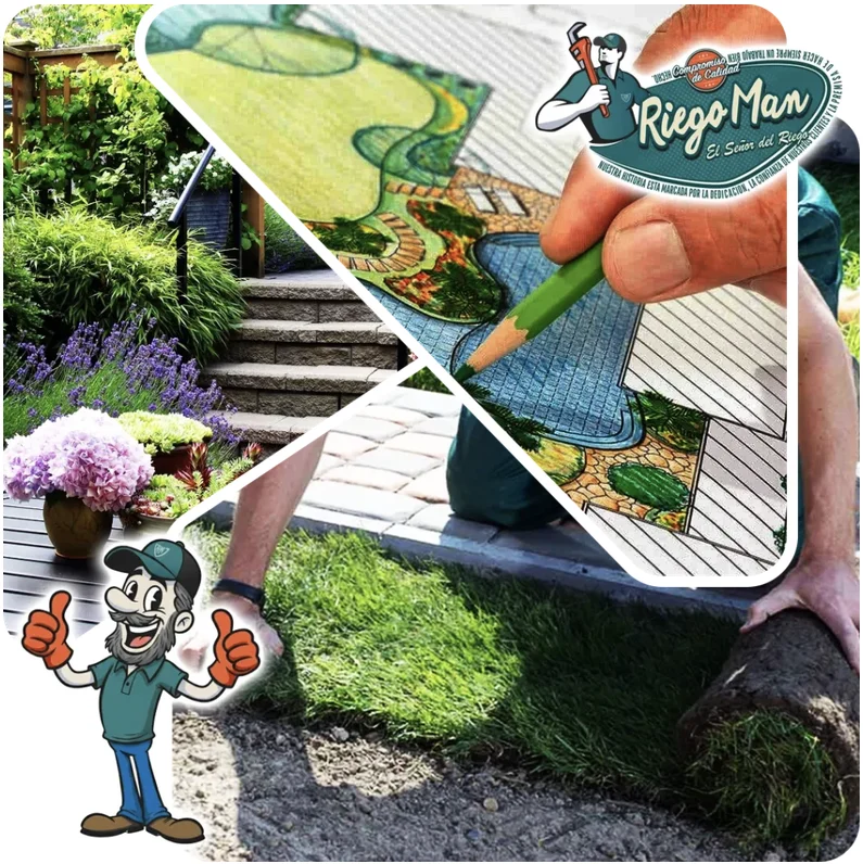 Diseño de paisajismo en plano y construcción de jardín con instalación de pasto en rollo por RiegoMan