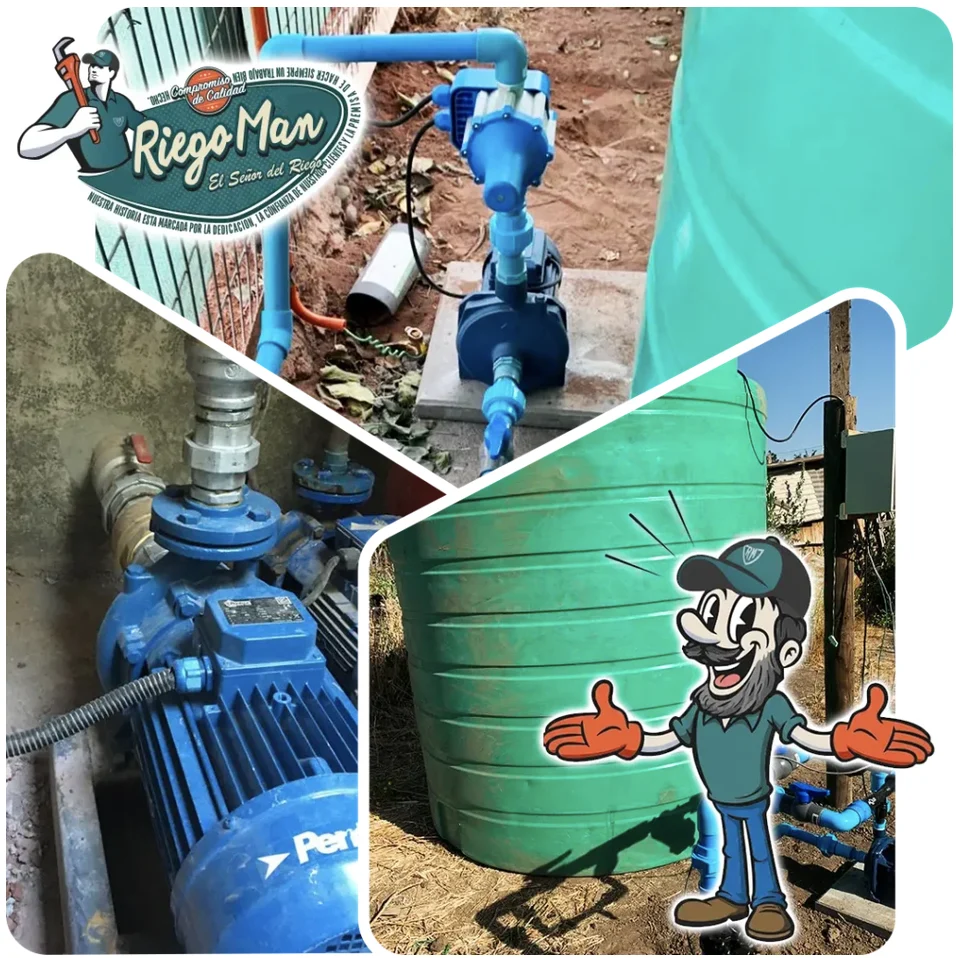 Estanque de agua instalado por RiegoMan con bomba centrífuga, presurizador y tablero eléctrico