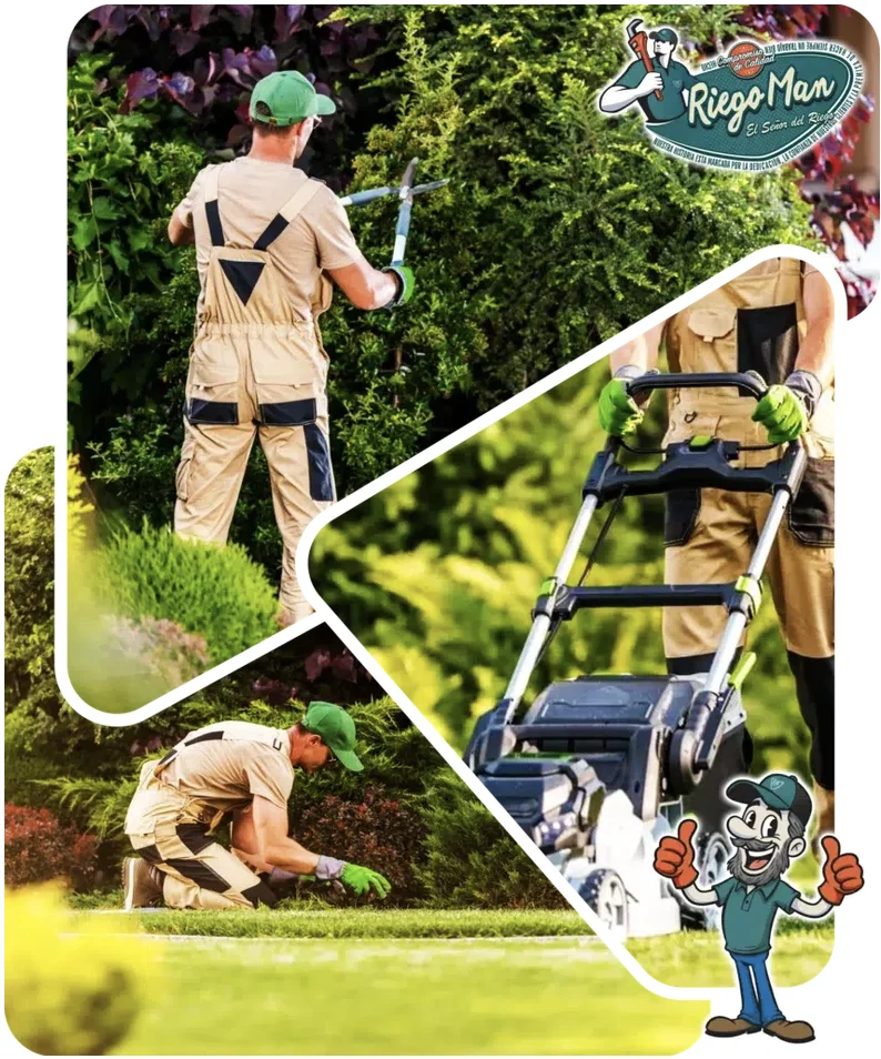 Equipo de RiegoMan podando, cortando césped y cuidando jardines