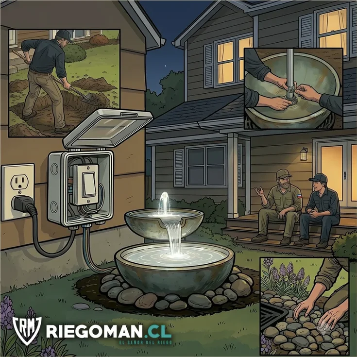 Ilustración del proceso de instalación de una fuente de agua ornamental en un jardín de Santiago