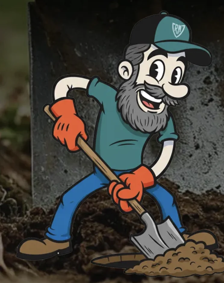 RiegoMan, el señor del riego: mascota de la empresa cavando una zanja con pala