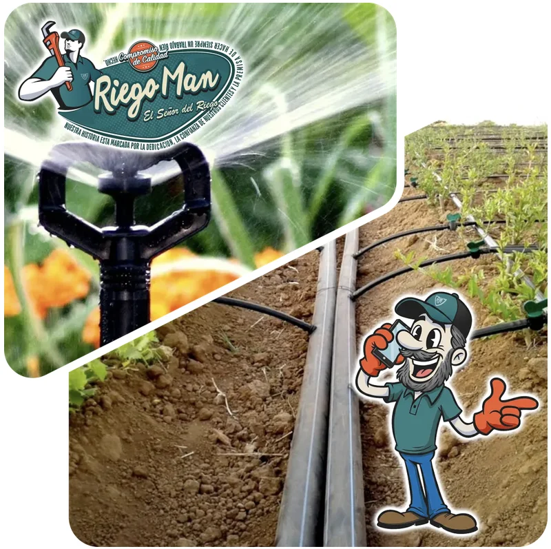 Riego agrícola por aspersión y líneas de riego por goteo en cultivo, instalados por RiegoMan